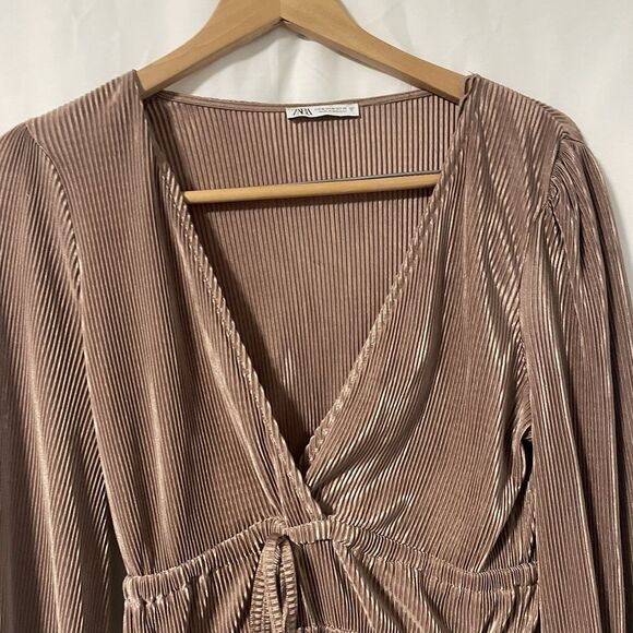 Zara Long Puffed Sleeve Bronze Champagne Accordion Micro Pleated Top M - Picture 6 of 7